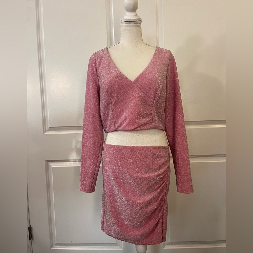 Crystal Doll Sparkly Pink 2-Piece Dress Set Mini Skirt & Long Sleeve Crop Top XL - Picture 4 of 16